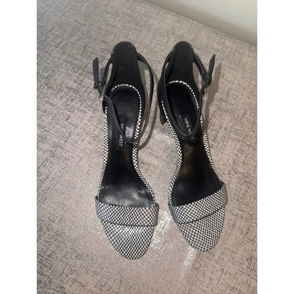Nine West Black White Slingback Heels Open Toe Patterned Pumps